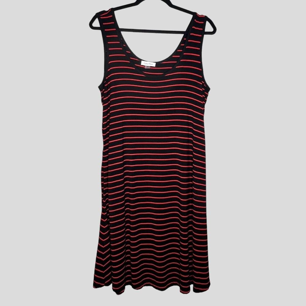 Retro Striped Tank Dress SZ 14 Calvin Klein Black Red Jersey Stretch Sporty Prep - Picture 1 of 6